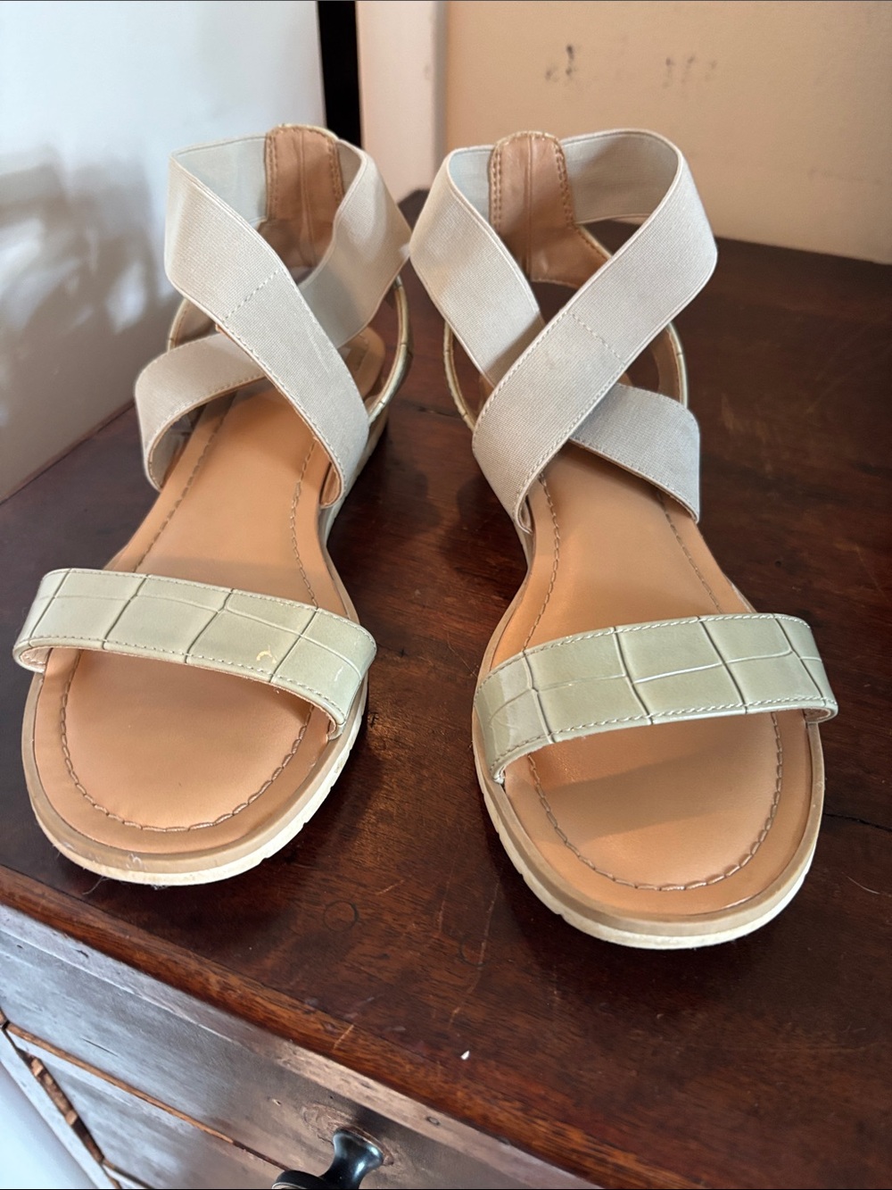 Dolce Vita Beige Strappy Sandals with Croc-Embossed Toe Strap